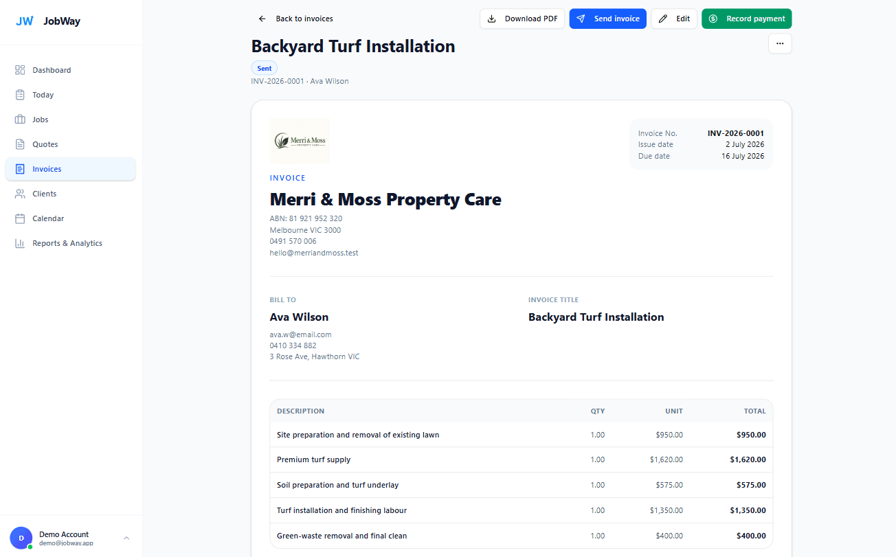 JobWay invoice detail screen showing a quote total, deposit payment, progress payment and balance remaining