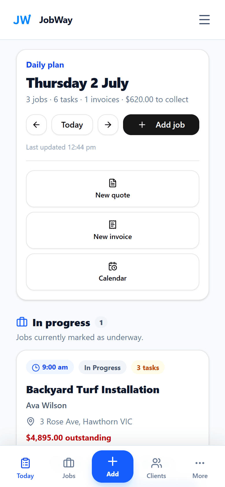 JobWay mobile job financials screen showing quote, invoice and payment details