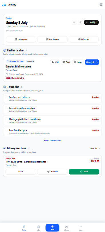 JobWay mobile Today view showing jobs, tasks, quick actions and a bottom navigation bar