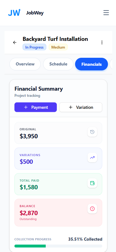 JobWay mobile view showing job payments, outstanding balance, payment history, and client details